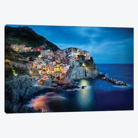 Cliffside Town at Night, Manarola, Liguria, Italy. Canvas Print #GOZ41} by George Oze Canvas Print