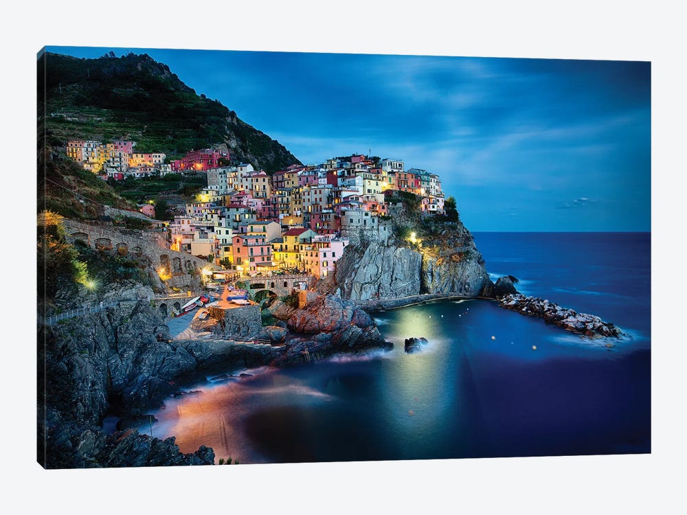 Cliffside Town at Night, Manarola, Liguria, Italy by George Oze 1-piece Canvas Art