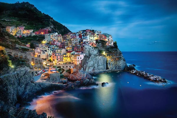 Liguria: Cliffside Town at Night, Manarola, Liguria, Italy by George Oze