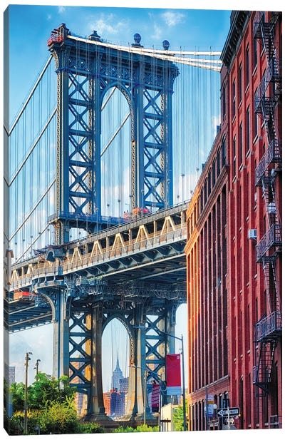 Street View Of The Manhattan Bridge Brooklyn Tower, New York City Canvas Art Print - George Oze