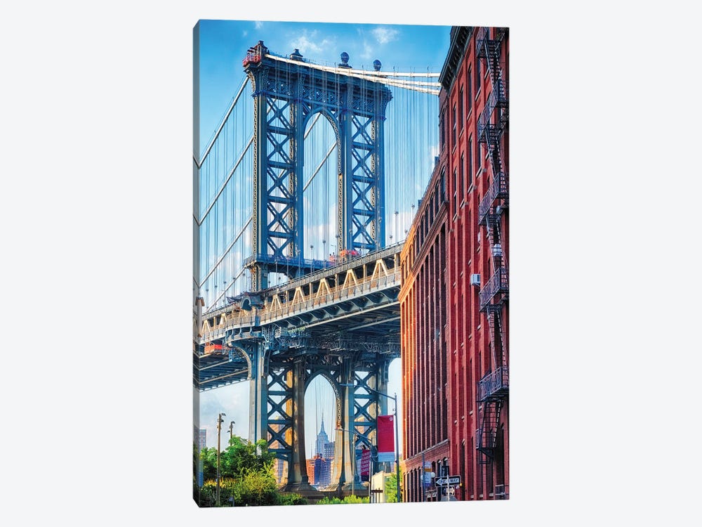 Street View Of The Manhattan Bridge Brooklyn Tower, New York City by George Oze 1-piece Canvas Artwork