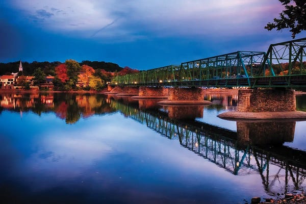 George Oze: Evening At The New Hope-Lambertville Bridge by George Oze