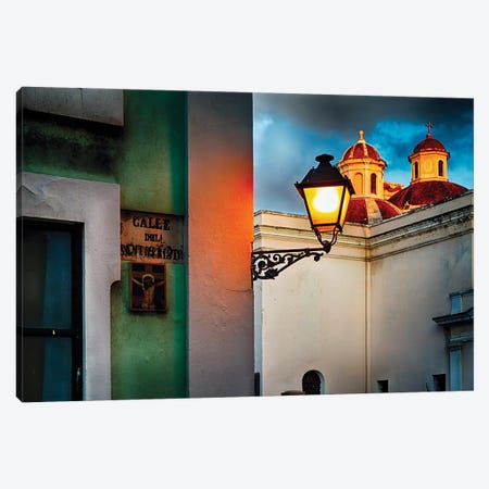 Old San Juan Street Corner With A Cathedral Canvas Print #GOZ442} by George Oze Art Print