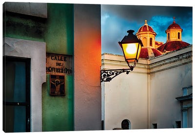 Old San Juan Street Corner With A Cathedral Canvas Art Print - Puerto Rico Art