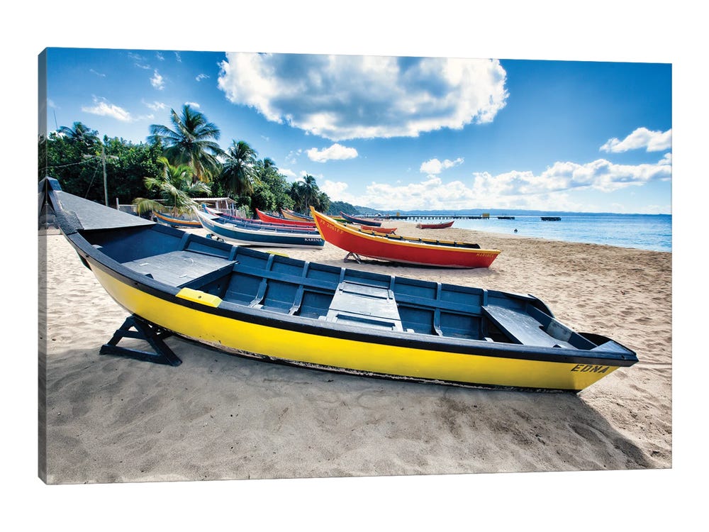 Row of Traditional Small Fishing Boats On A Beach, Aguadilla, Puerto Rico by George Oze Fine Art Paper Poster ( Transportation > by Water > Boats >