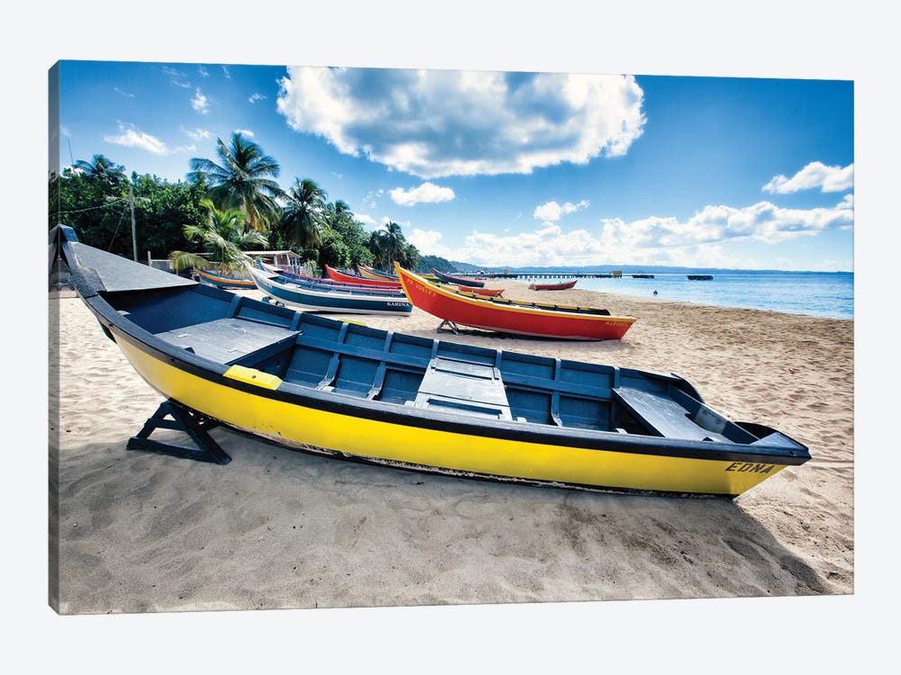 Framed Canvas Art - Row of Traditional Small Fishing Boats On A Beach, Aguadilla, Puerto Rico by George Oze ( transportation > by Water > Boats >