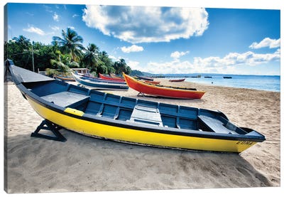 Row Of Traditional Small Fishing Boats On A Beach, Aguadilla, Puerto Rico Canvas Art Print - Rowboat Art
