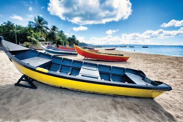 Rowboats: Row Of Traditional Small Fishing Boats On A Beach, Aguadilla, Puerto Rico by George Oze