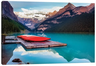 Red Canoes On A Wodden Dock, Lake Louise, Alberta Canada Canvas Art Print - George Oze