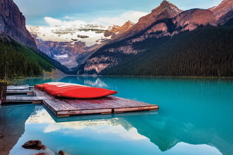 Red Canoes On A Wodden Dock, Lake Louise, Alberta Canada