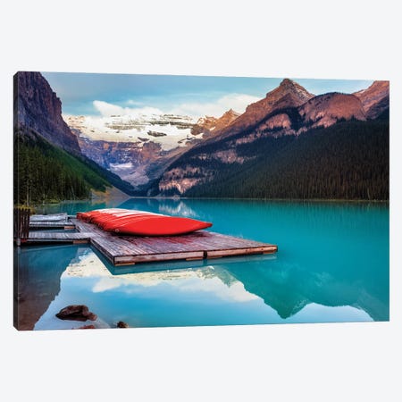 Red Canoes On A Wodden Dock, Lake Louise, Alberta Canada Canvas Print #GOZ463} by George Oze Canvas Print