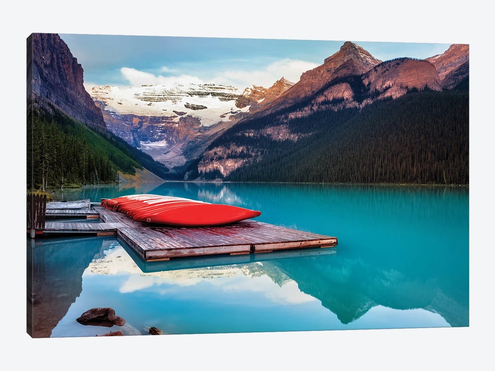 Red Canoes On A Wodden Dock, Lake Louise, Alberta Canada by George Oze 1-piece Canvas Art Print