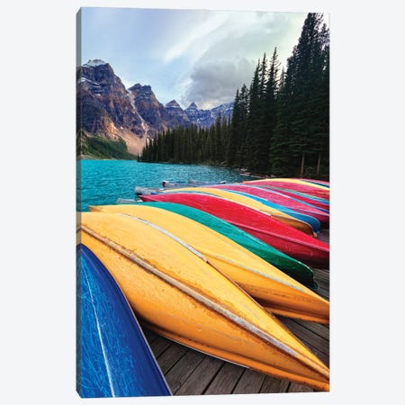 Canoes On A Dock, Moraine Lake, Banff National Park, Alberta, Canada Canvas Print #GOZ464} by George Oze Canvas Wall Art