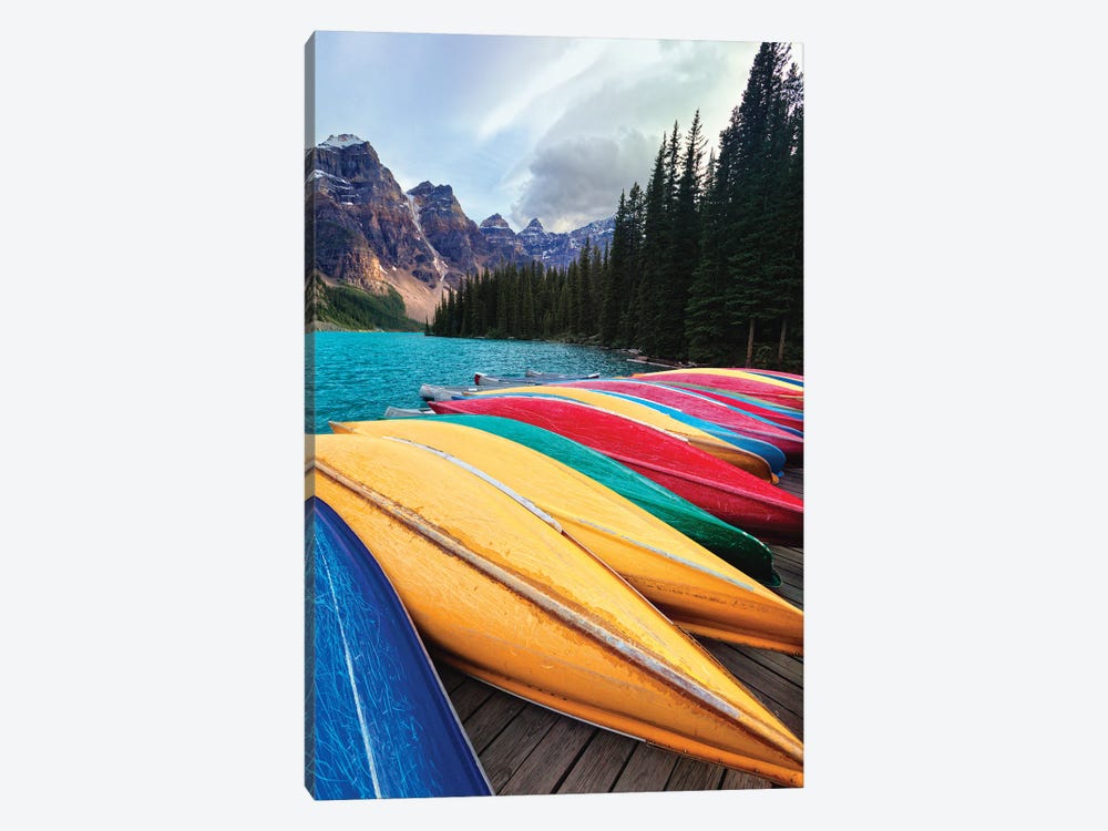 Canoes On A Dock, Moraine Lake, Banff National Park, Alberta, Canada by George Oze 1-piece Canvas Artwork