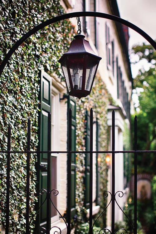 Close Up View of an Antique Lamp Hanging from an Iron Fence, Charleston, South Carolina