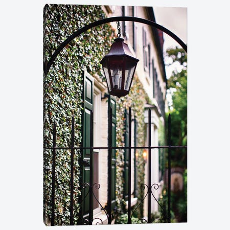 Close Up View of an Antique Lamp Hanging from an Iron Fence, Charleston, South Carolina Canvas Print #GOZ47} by George Oze Canvas Artwork