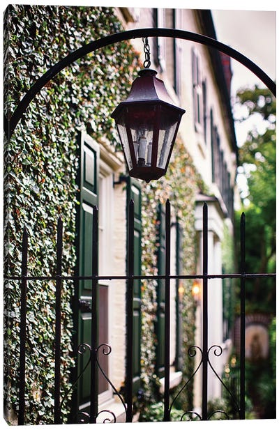 Close Up View of an Antique Lamp Hanging from an Iron Fence, Charleston, South Carolina Canvas Art Print - Gates