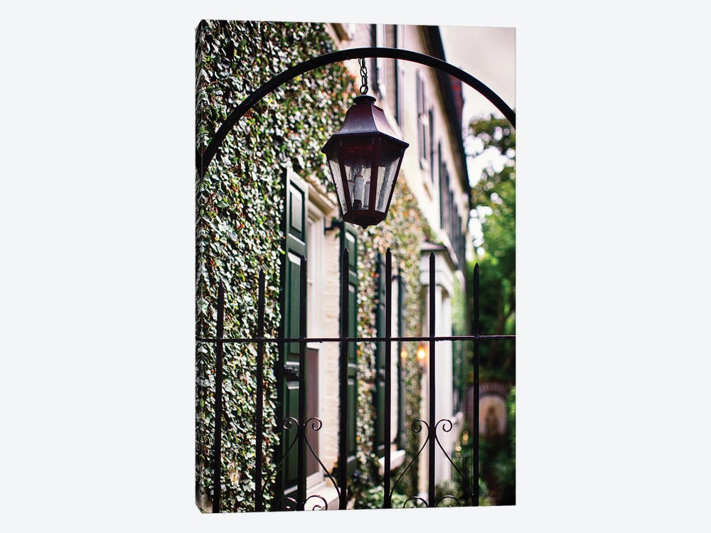 Close Up View of an Antique Lamp Hanging from an Iron Fence, Charleston, South Carolina by George Oze 1-piece Canvas Art