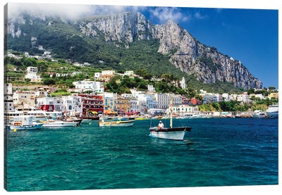 Marina Grande Viewed From The Sea, Capri, Campania, Italy Canvas Art Print - Harbor & Port Art
