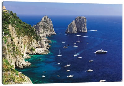 Capri Coastline At The Rocks Of Faraglioni, Campania, Italy Canvas Art Print - Aerial Photography