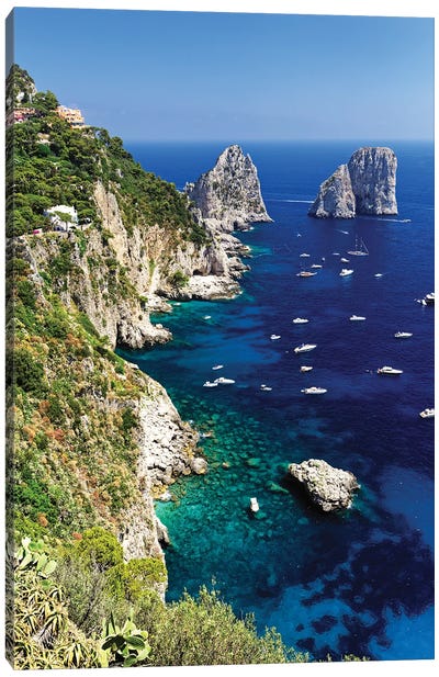 Capri Coastline With The Rocks Of Faraglioni, Campania, Italy Canvas Art Print - Harbor & Port Art