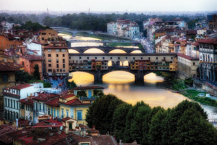 High Angle View Of The Bridges Over The Arno River, Florence, Tuscany, Italy