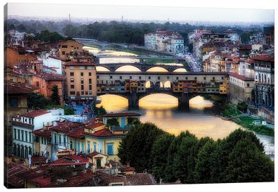 High Angle View Of The Bridges Over The Arno River, Florence, Tuscany, Italy Canvas Art Print - George Oze
