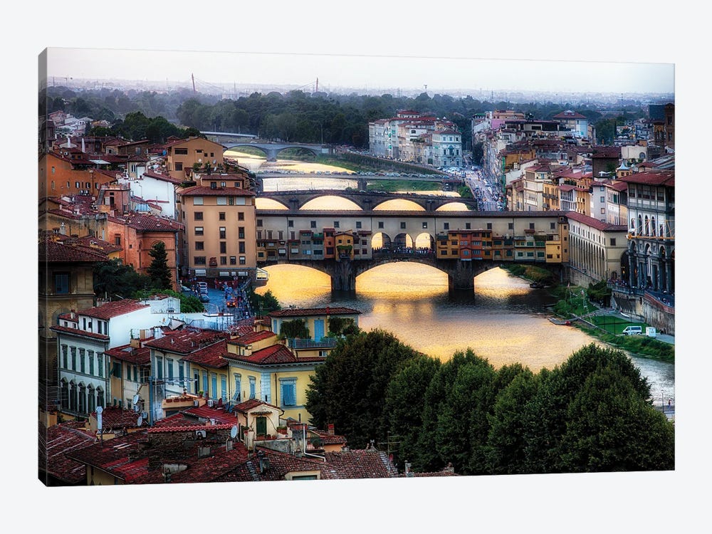 High Angle View Of The Bridges Over The Arno River, Florence, Tuscany, Italy by George Oze 1-piece Canvas Art Print