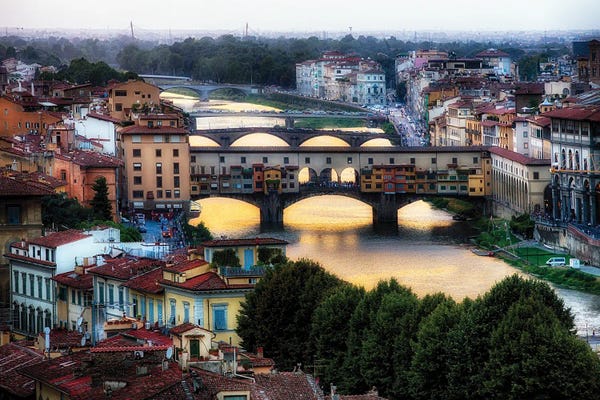 George Oze: High Angle View Of The Bridges Over The Arno River, Florence, Tuscany, Italy by George Oze