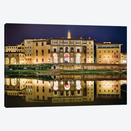 Night Reflection Of The Uffizi Gallery In The Arno River, Florence, Tuscany, Italy Canvas Print #GOZ491} by George Oze Canvas Wall Art