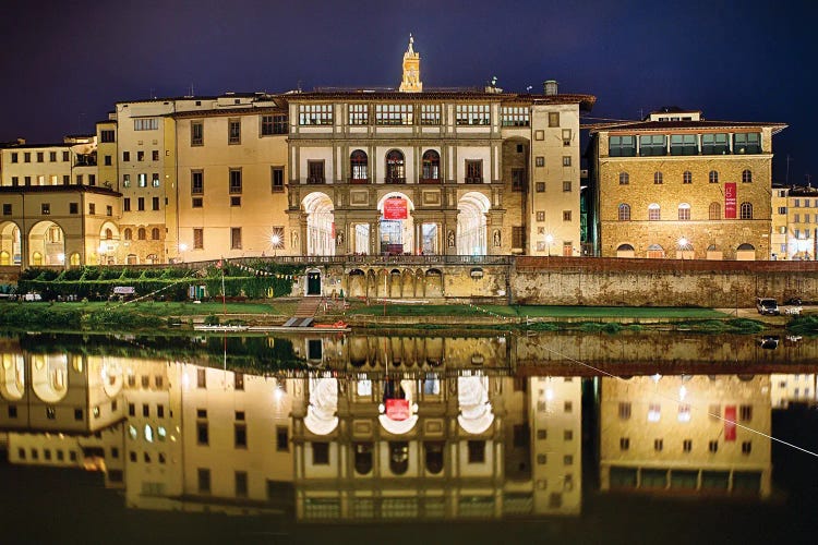 Night Reflection Of The Uffizi Gallery In The Arno River, Florence, Tuscany, Italy