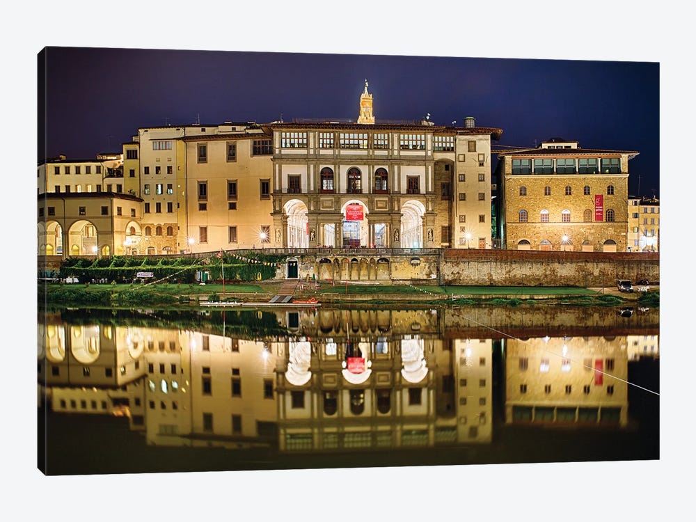 Night Reflection Of The Uffizi Gallery In The Arno River, Florence, Tuscany, Italy by George Oze 1-piece Canvas Art