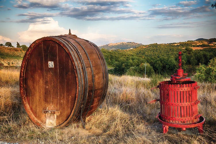 Wine Barrel And Grape Press Along A Country Road, Tuscany, Italy