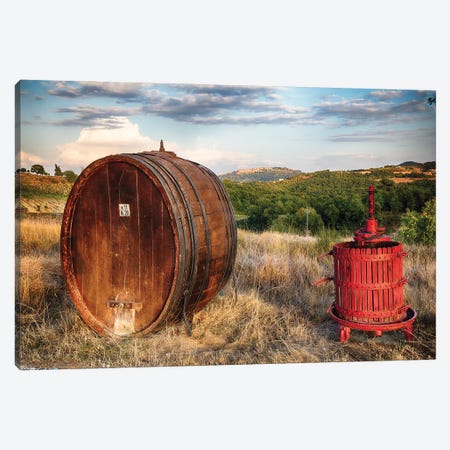 Wine Barrel And Grape Press Along A Country Road, Tuscany, Italy Canvas Print #GOZ492} by George Oze Canvas Artwork
