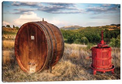Wine Barrel And Grape Press Along A Country Road, Tuscany, Italy Canvas Art Print - George Oze