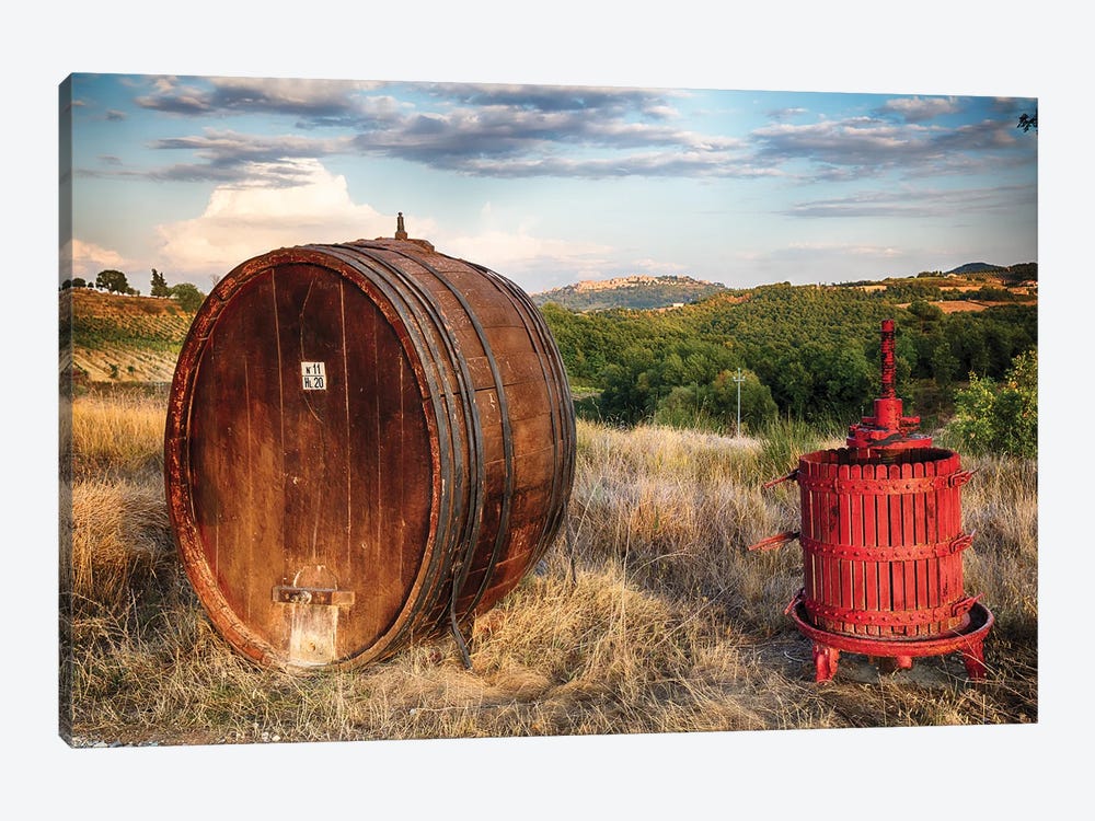 Wine Barrel And Grape Press Along A Country Road, Tuscany, Italy by George Oze 1-piece Canvas Art Print