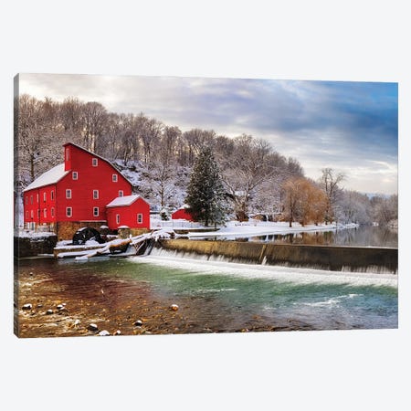 Red Grist Mill In A Winter Landscape, Clinton, New Jersey Canvas Print #GOZ497} by George Oze Canvas Print