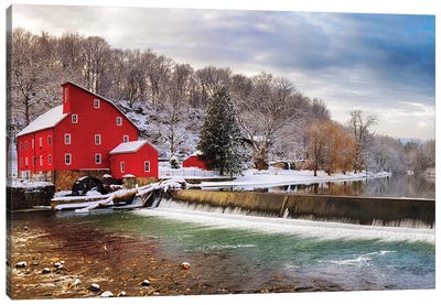 Red Grist Mill In A Winter Landscape, Clinton, New Jersey Canvas Art Print - George Oze