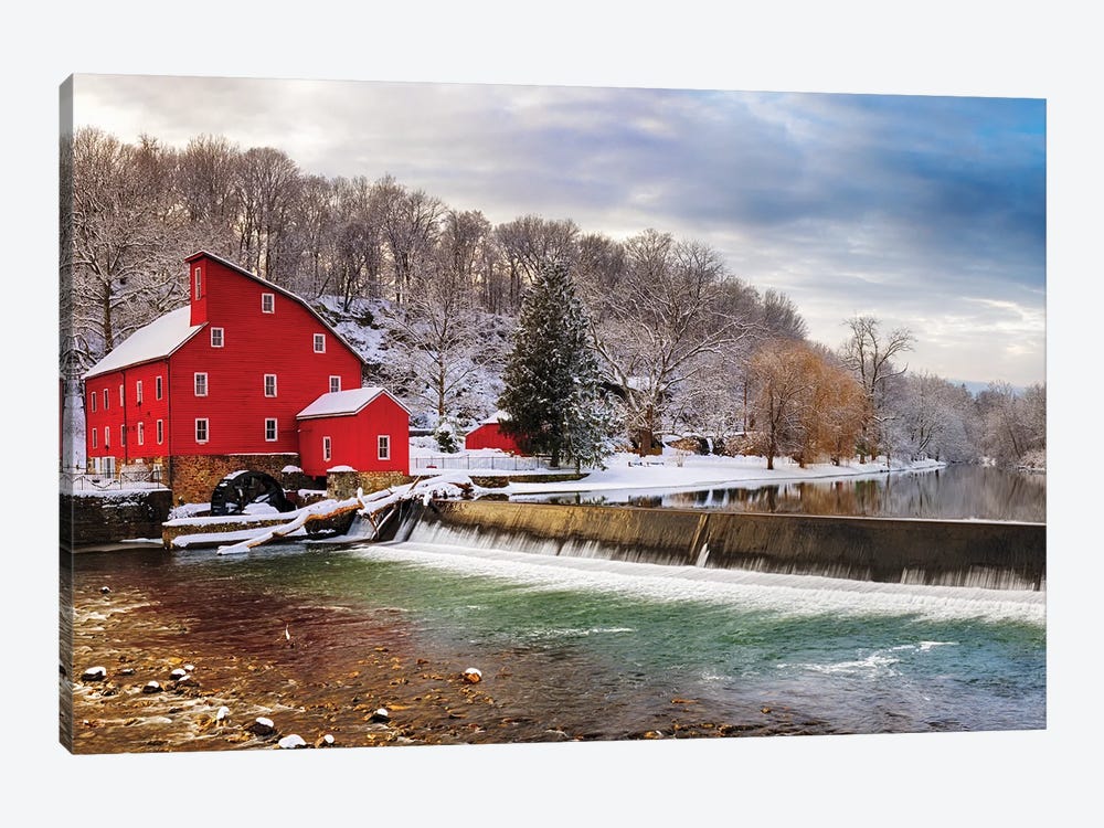 Red Grist Mill In A Winter Landscape, Clinton, New Jersey by George Oze 1-piece Canvas Artwork