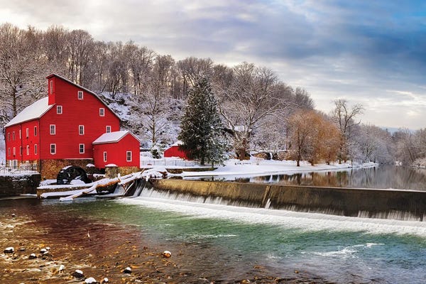 George Oze: Red Grist Mill In A Winter Landscape, Clinton, New Jersey by George Oze