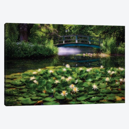 Lily Pond With A Footbridge Canvas Print #GOZ499} by George Oze Canvas Wall Art