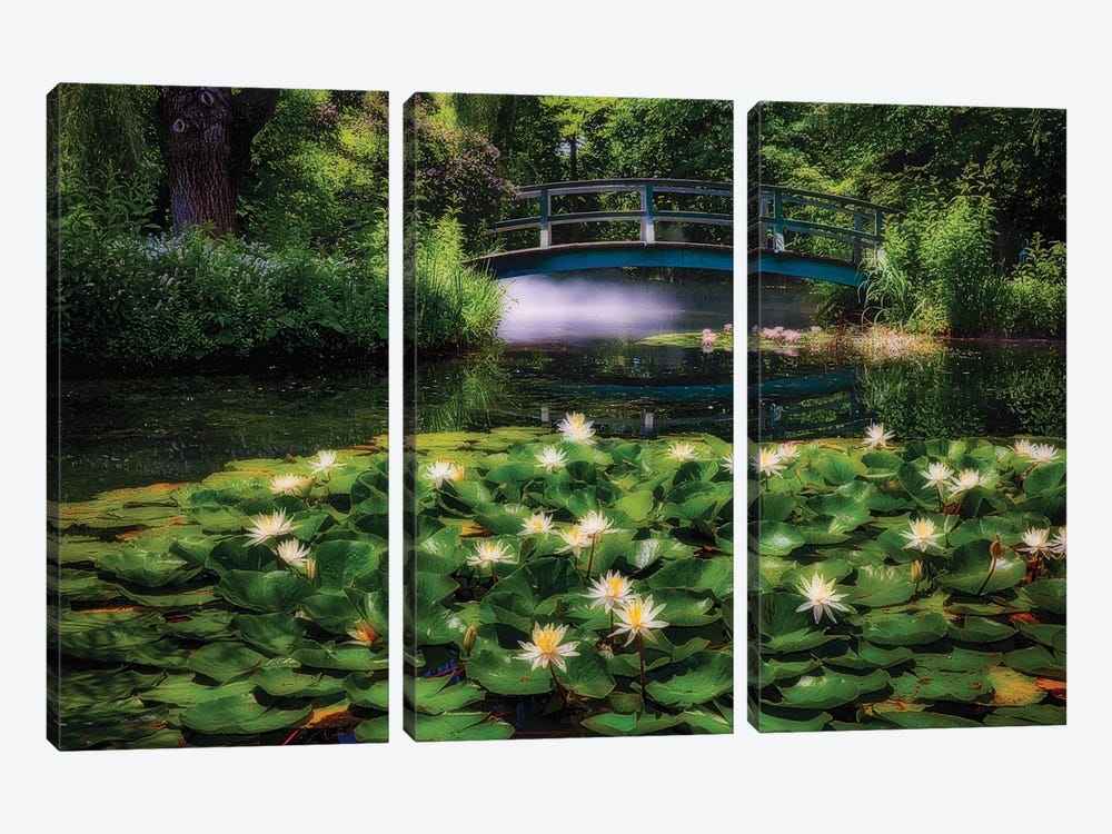 Lily Pond With A Footbridge by George Oze 3-piece Canvas Wall Art