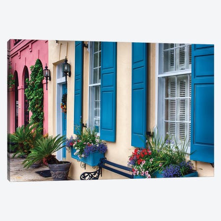 Close Up View of Colorful House Exteriors in Rainbow Row, Charleston, South Carolina, USA Canvas Print #GOZ49} by George Oze Canvas Art Print