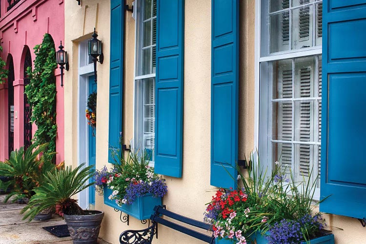 Close Up View of Colorful House Exteriors in Rainbow Row, Charleston, South Carolina, USA
