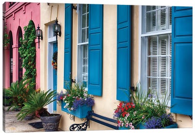 Close Up View of Colorful House Exteriors in Rainbow Row, Charleston, South Carolina, USA Canvas Art Print - South Carolina Art