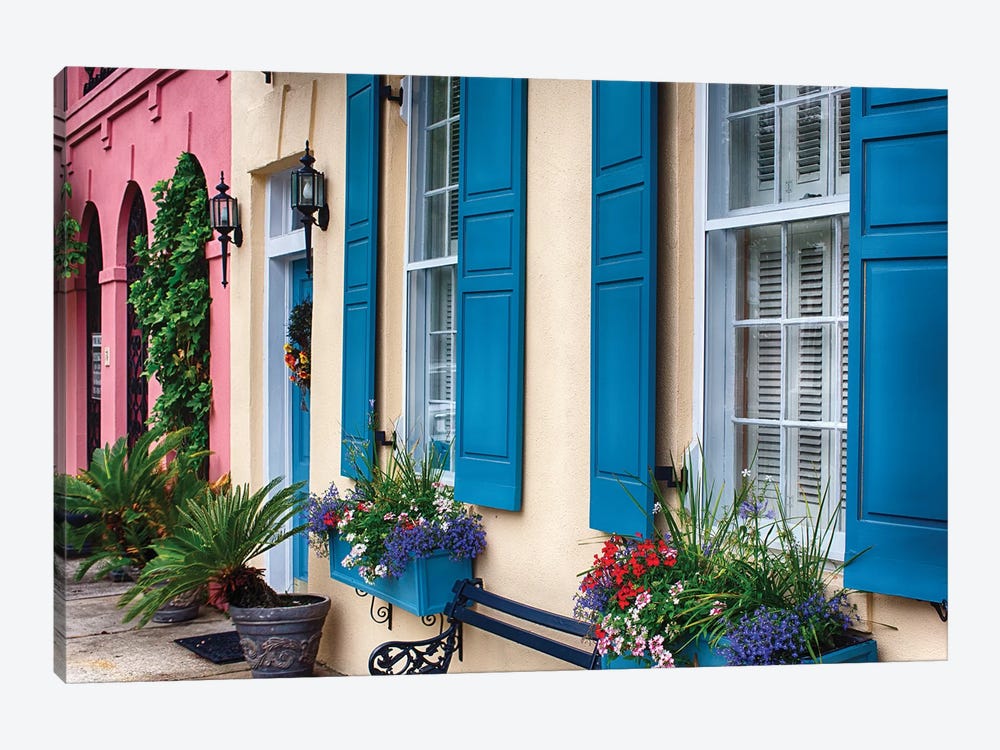Close Up View of Colorful House Exteriors in Rainbow Row, Charleston, South Carolina, USA by George Oze 1-piece Canvas Wall Art