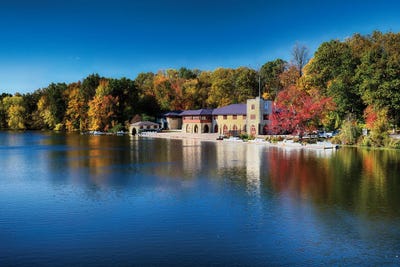 Boathouse On Lake Carnegie With Autumn Foliage by George Oze canvas print