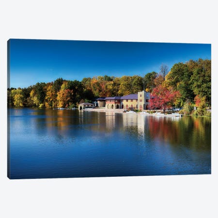 Boathouse On Lake Carnegie With Autumn Foliage Canvas Print #GOZ500} by George Oze Canvas Artwork