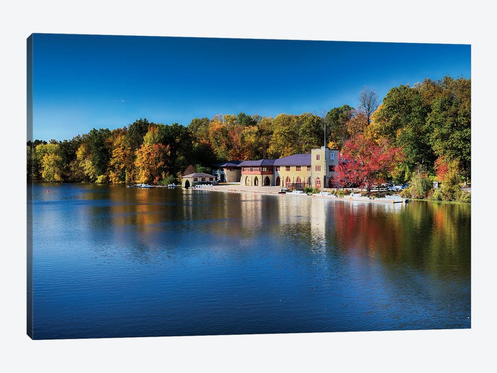 Boathouse On Lake Carnegie With Autumn Foliage by George Oze 1-piece Canvas Art Print
