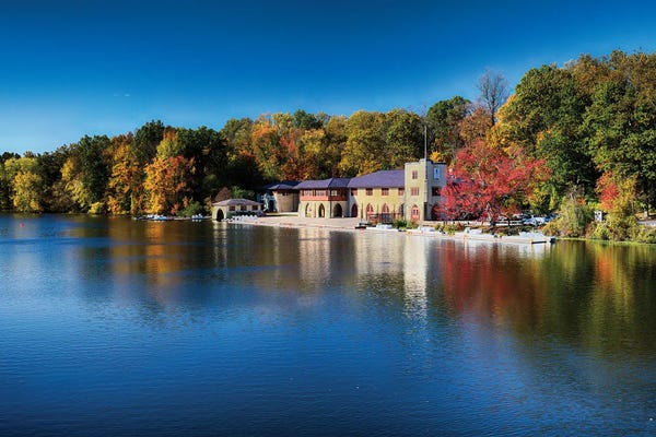 George Oze: Boathouse On Lake Carnegie With Autumn Foliage by George Oze